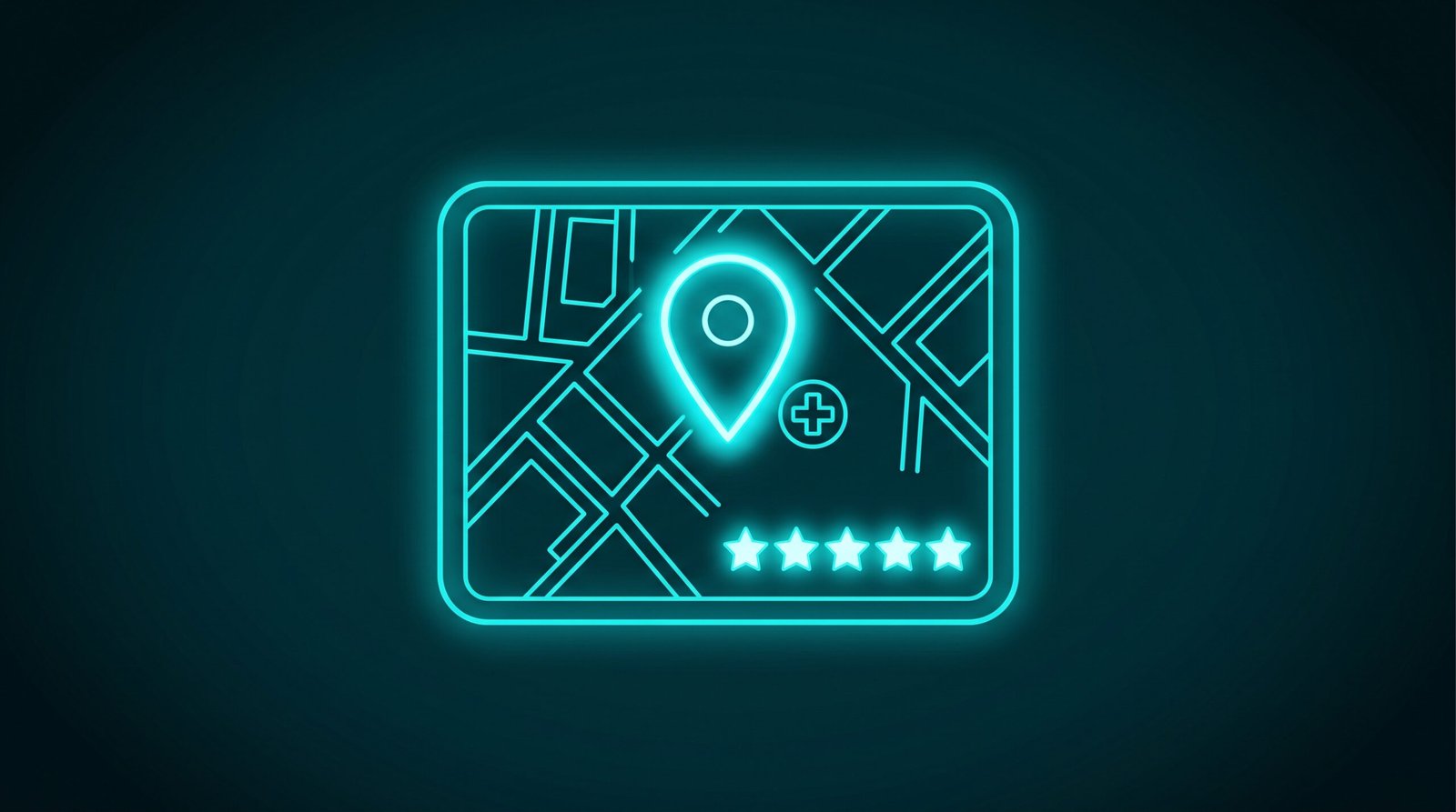 Ilustrație neon cu hartă și marker de clinică - SEO local pentru medici și Google Business Profile