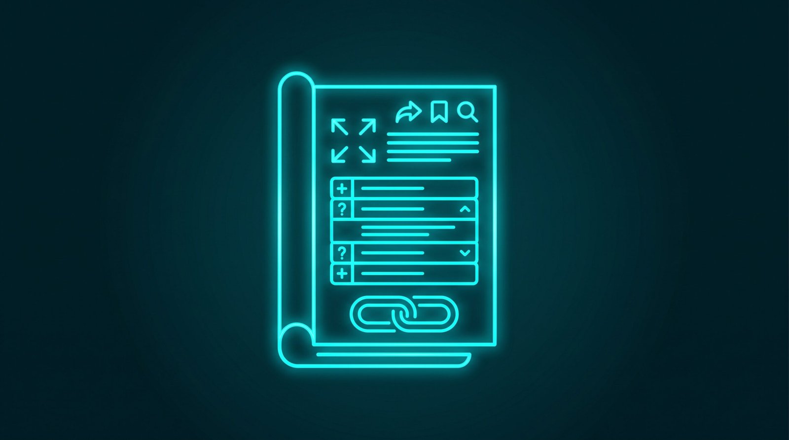 Ilustrație neon cu pagină de articol și icon FAQ - conținut care atrage pacienți din Google