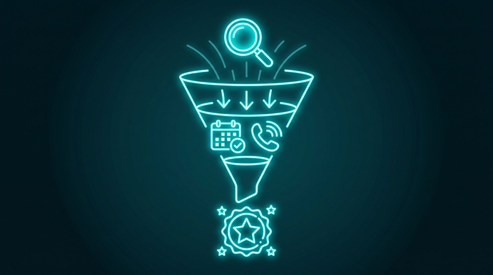 Ilustrație neon cu funnel către calendar - transformarea traficului în programări la clinică