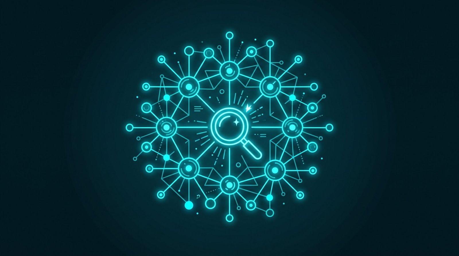 Ilustrație neon cu lupă și cluster de cuvinte cheie - research pentru SEO medici