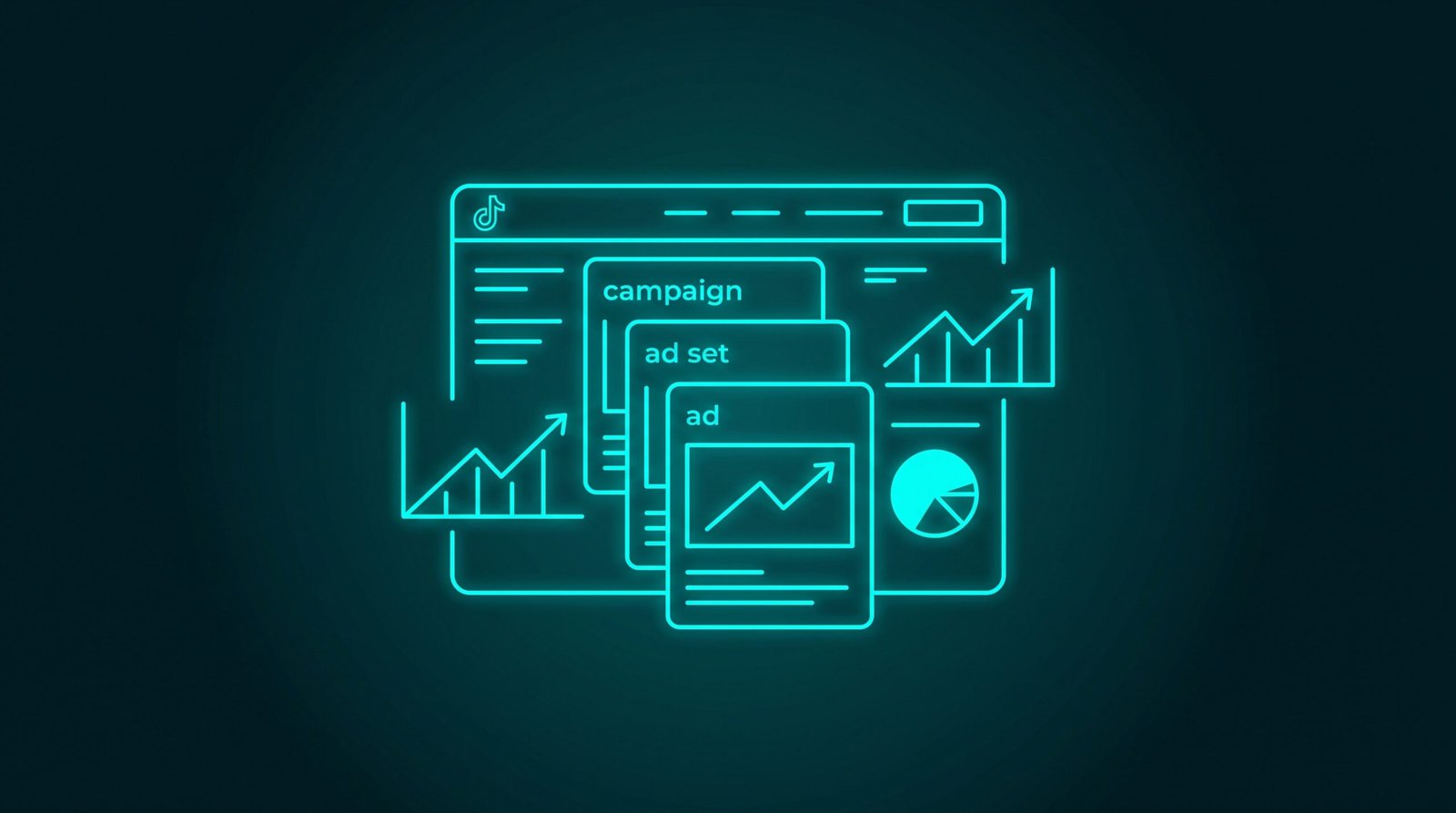 Ilustrație neon despre TikTok Ads: structură de campanii și analiză pentru business