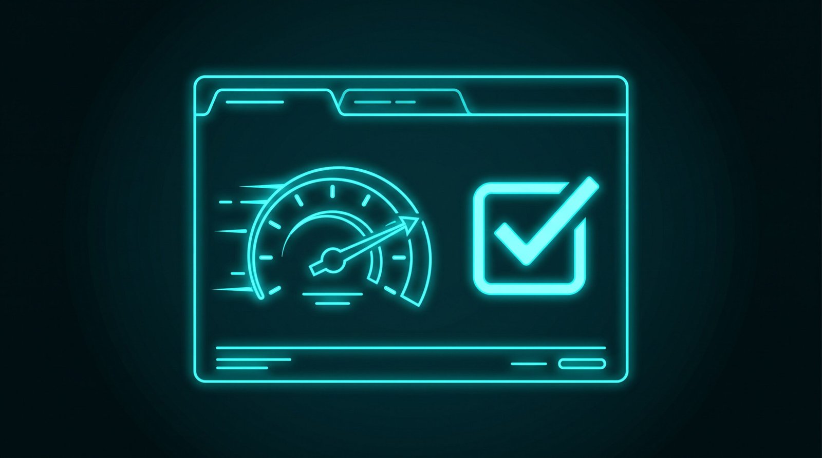 Ilustrație neon cu landing page și indicator de viteză: optimizare conversii din TikTok Ads