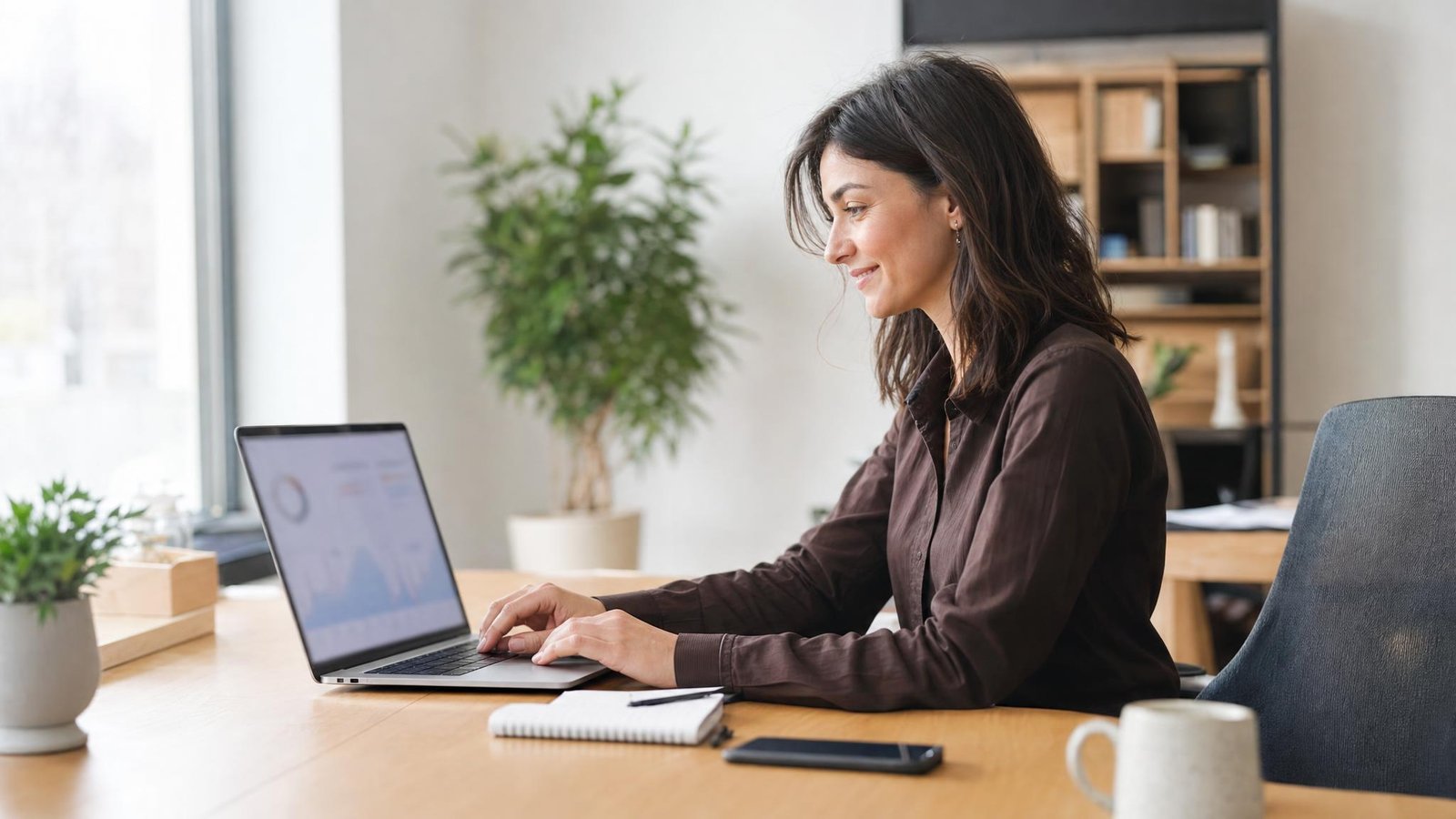Unternehmer am Laptop betrachtet ein unscharfes Analytics-Dashboard am hellen Schreibtisch